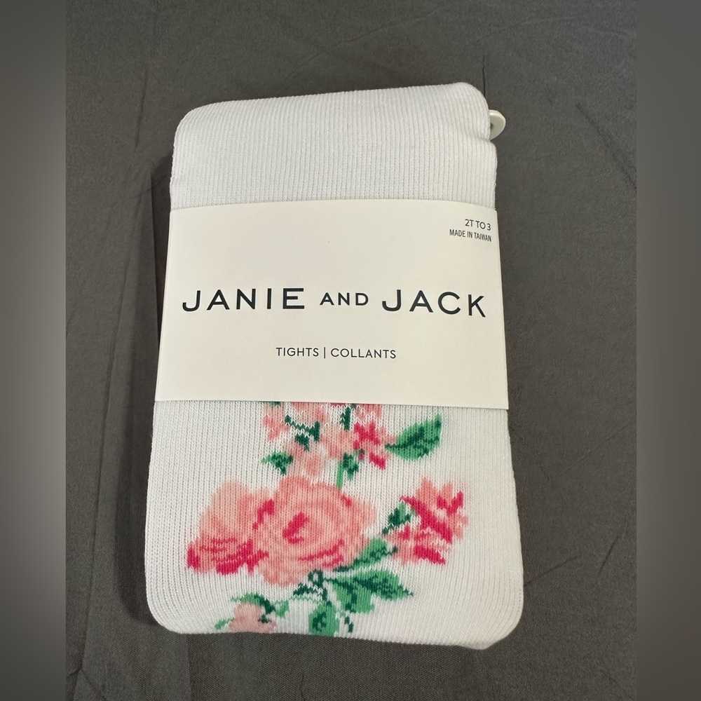 Janie and Jack White Tights with Pink Rose Bouquet